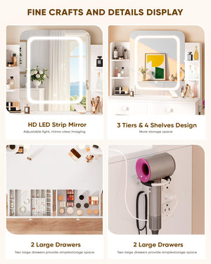 LED Makeup Vanity Desk with Smart Mirror, Power Outlet & Storage