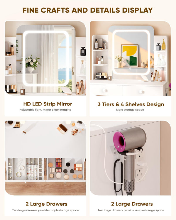 LED Makeup Vanity Desk with Smart Mirror, Power Outlet & Storage