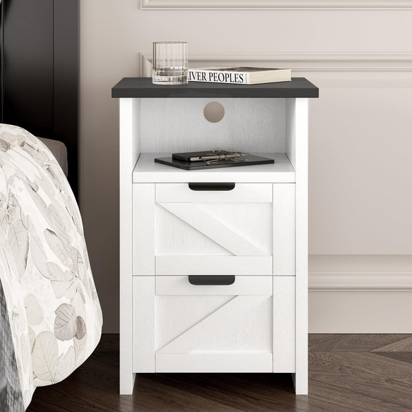 Farmhouse Nightstand Set of 2 with Charging Station & Drawers