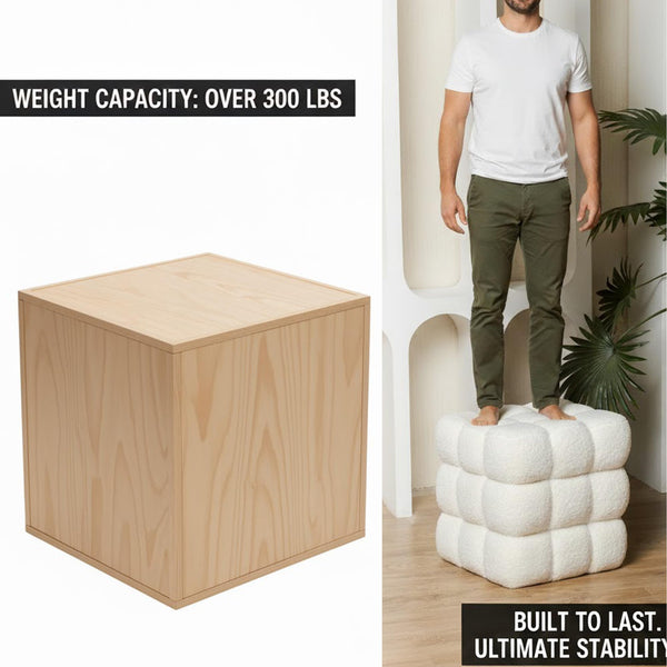 Fuzzy Sherpa Ottoman Pouf with Wooden Frame | Square & Round Styles