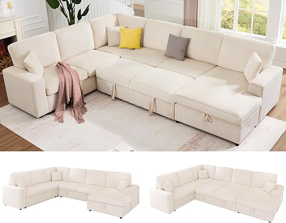 U-Shaped Sectional Sofa Bed with Storage, 6-Seater, 130"