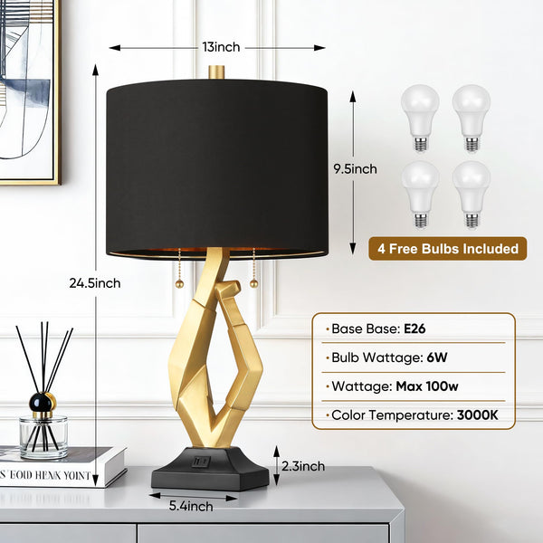 Gold & Black Sculptural Table Lamps Set of 2 with USB Ports