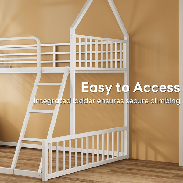 Twin Over Full House Bunk Bed – Metal Frame with Ladder & Guardrail