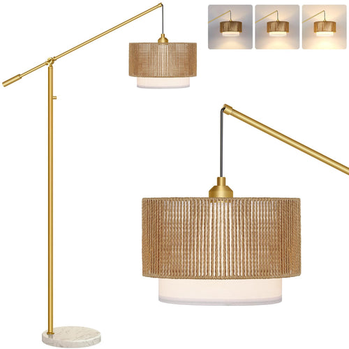 Boho Dimmable Arc Floor Lamp with Rattan & Fabric Shades
