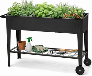 40" Raised Garden Bed with Wheels & Storage Shelf – Metal Planter Box