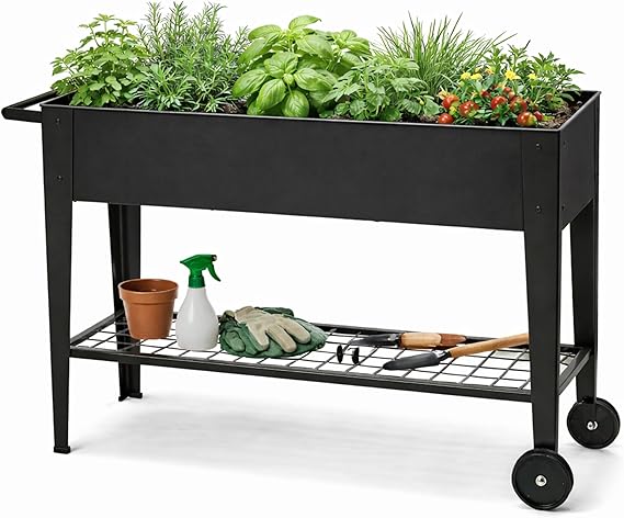 40" Raised Garden Bed with Wheels & Storage Shelf – Metal Planter Box