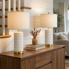 Ceramic Bedside Table Lamps Set of 2 – Modern Nightstand Lamps with Gold Base