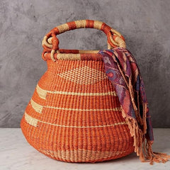 Handwoven Bolga Pot Basket with Handle – 16 Inch Wide Storage Basket
