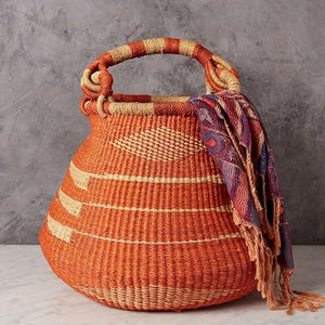 Handwoven Bolga Pot Basket with Handle – 16 Inch Wide Storage Basket