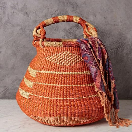 Handwoven Bolga Pot Basket with Handle – 16 Inch Wide Storage Basket