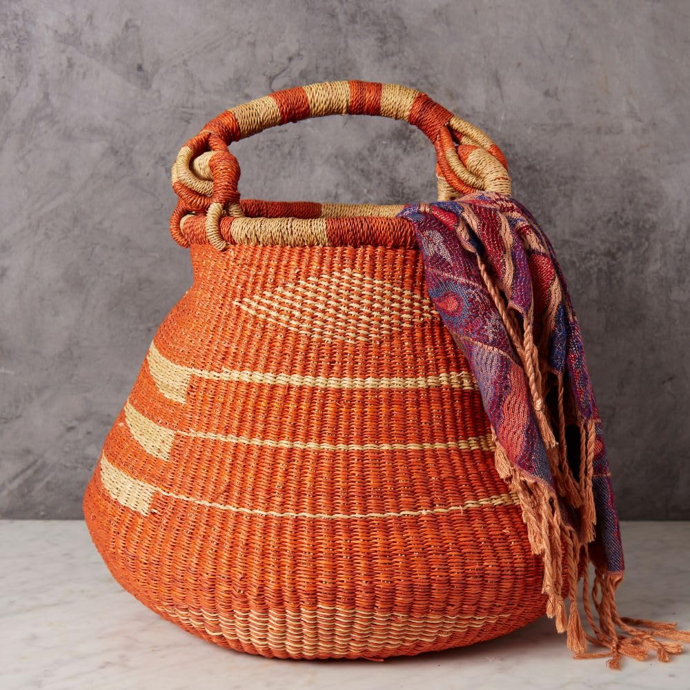 Handwoven Bolga Pot Basket with Handle – 16 Inch Wide Storage Basket