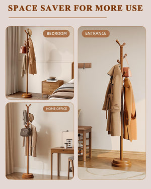 Solid Wood Freestanding Coat Rack with 8 Hooks