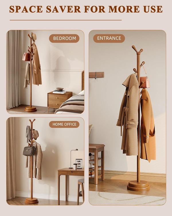 Solid Wood Freestanding Coat Rack with 8 Hooks