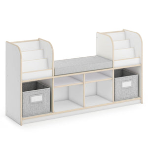 Kids Reading Nook Bookshelf Bench with Storage Bins, Shelves & Seat Cushion