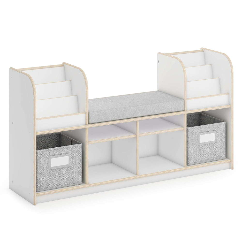 Kids Reading Nook Bookshelf Bench with Storage Bins and Seat Cushion