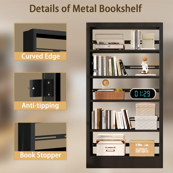 5-Tier Metal Bookshelf, 71"H Adjustable Tall Bookcase