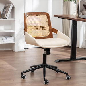 Rattan Back Office Chair with Faux Leather & Caster Wheels