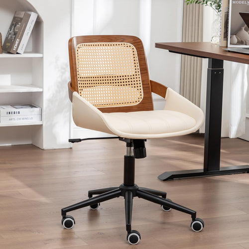 Rattan Back Office Chair with Faux Leather & Caster Wheels