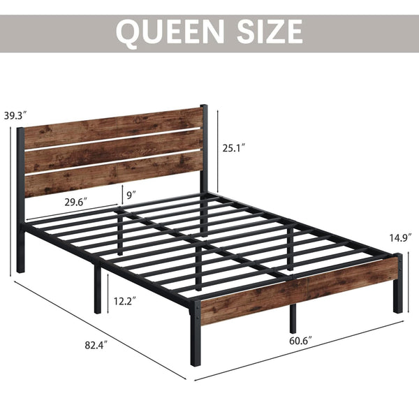 Queen Bed Frame with Headboard & Footboard – Rustic Brown