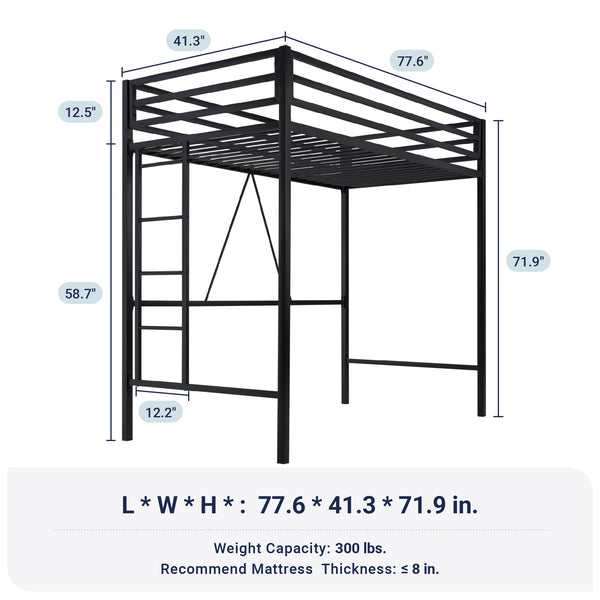Twin Metal Loft Bed with Guardrail & Ladder