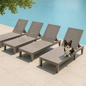 Outdoor Chaise Lounge Chairs with Adjustable Backrest – All-Weather Resin, Wood Texture