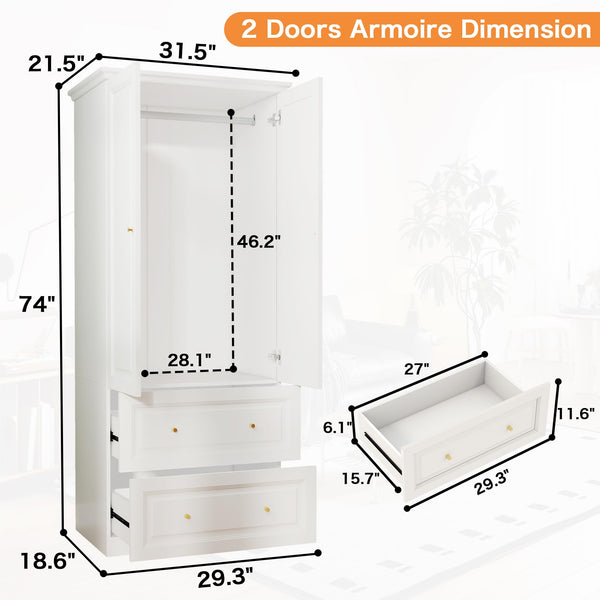 White Wardrobe Closet with Drawers, Hanging Rod & Shelves