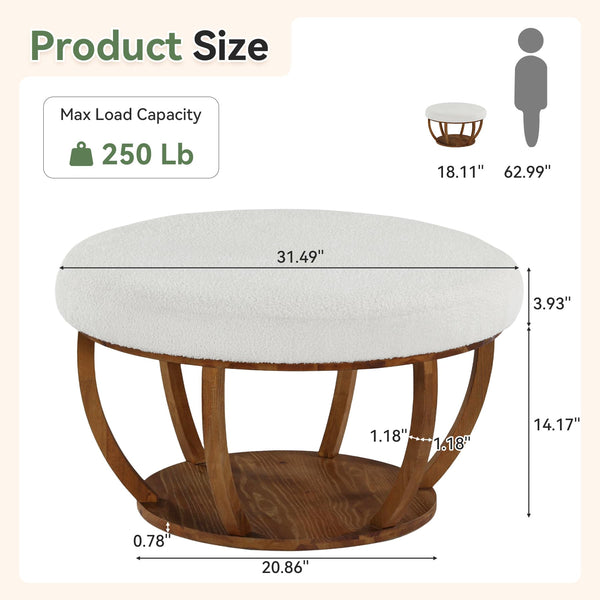 Round Storage Ottoman Coffee Table with Wood Base