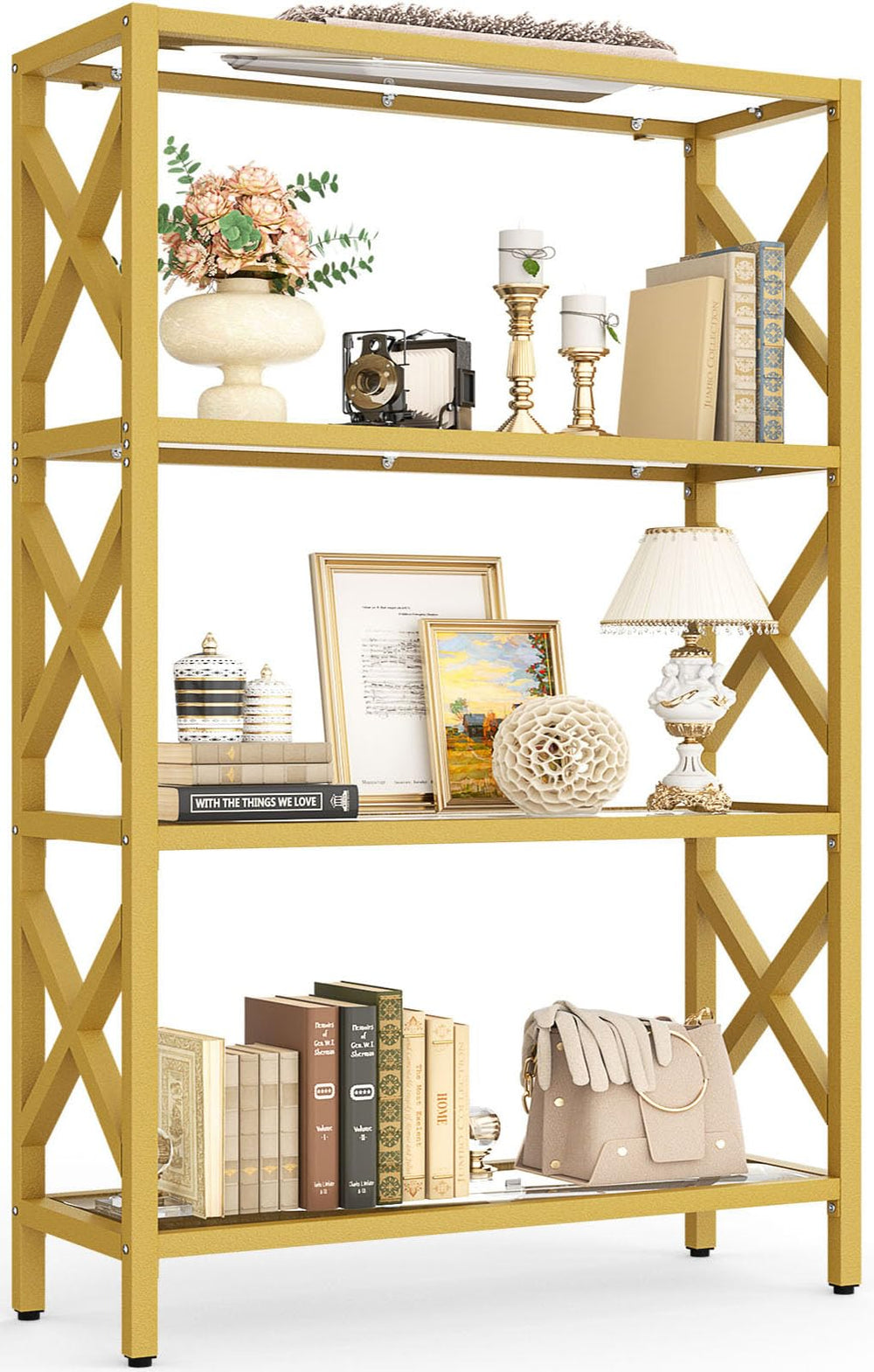 4-Tier Glass Bookshelf with LED Lights