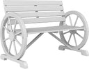 Rustic Wagon Wheel Outdoor Wood Bench – 2-Person Slatted Seat with Backrest