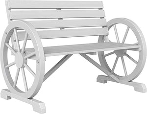 Rustic Wagon Wheel Outdoor Wood Bench – 2-Person Slatted Seat with Backrest