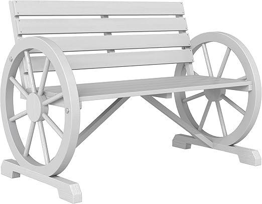 Rustic Wagon Wheel Outdoor Wood Bench – 2-Person Slatted Seat with Backrest