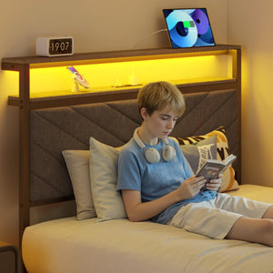 LED Storage Platform Bed with Charging Station & Upholstered Headboard