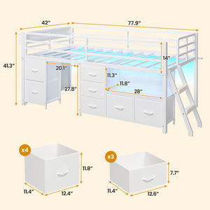 Twin Low Loft Bed with 7 Storage Drawers, LED Lights & Under-Bed Play Space