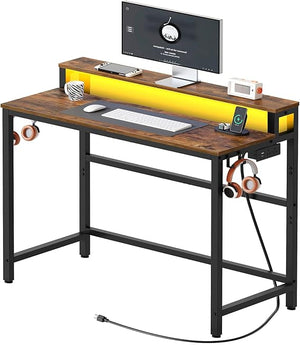 2-Tier Computer Desk with LED Lights & Charging Station