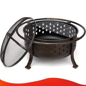 Round Wood Burning Fire Pit with BBQ Grill Grate