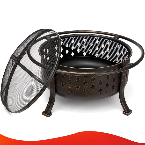 Round Wood Burning Fire Pit with BBQ Grill Grate