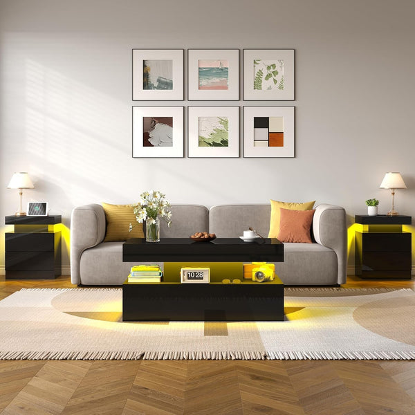 3-Piece Coffee & End Table Set with LED Light & Charging Station – Black