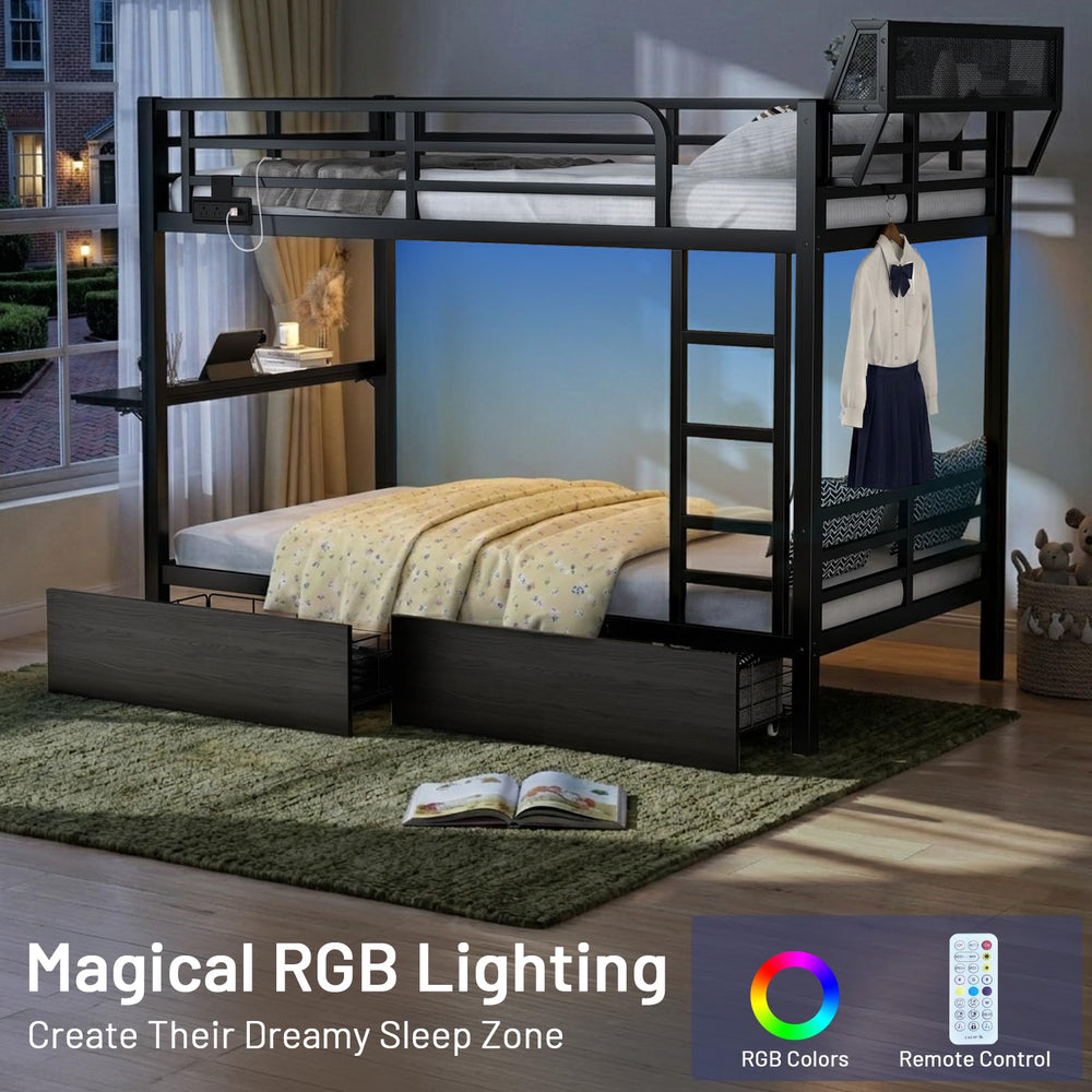 Metal Bunk Bed with Foldable Desk, LED Lights & Charging Station