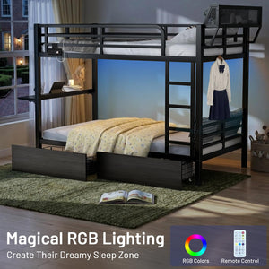 Metal Bunk Bed with Foldable Desk, LED Lights & Charging Station