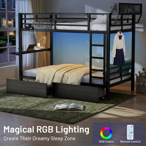 Metal Bunk Bed with Foldable Desk, LED Lights & Charging Station