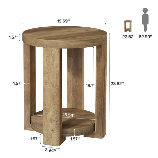 2-Tier Round Side End Table with Storage Shelves