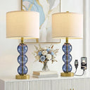 Glass Table Lamps Set of 2 with USB Charging Ports and Linen Shade