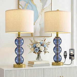 Glass Table Lamps Set of 2 with USB Charging Ports and Linen Shade