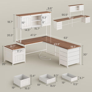 L-Shaped Office Desk with Hutch, 6 Drawers & Power Outlet – Farmhouse Corner Desk