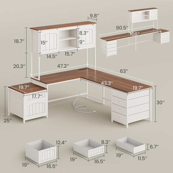 L-Shaped Office Desk with Hutch, 6 Drawers & Power Outlet – Farmhouse Corner Desk