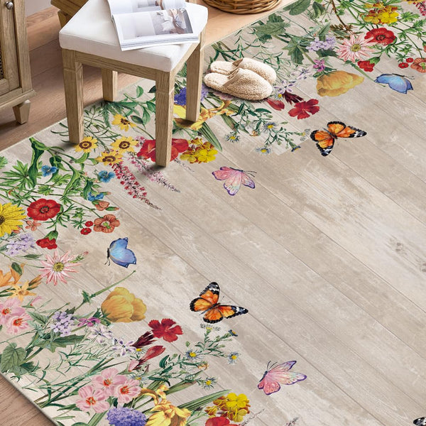 Spring Floral Washable Area Rug – Low Profile Indoor Rug
