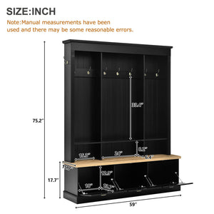 Hall Tree with Bench, LED Lights, 9 Hooks & 3 Cabinets