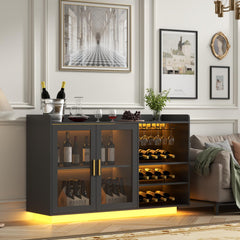 Wine Bar Cabinet with LED Lights, Glass Doors & Removable Wine Racks