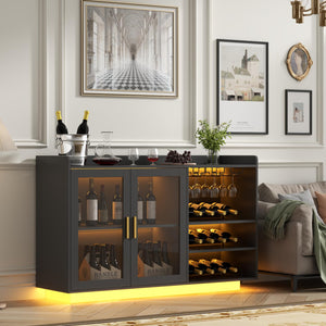 Wine Bar Cabinet with LED Lights, Glass Doors & Removable Wine Racks