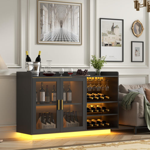 Wine Bar Cabinet with LED Lights, Glass Doors & Removable Wine Racks